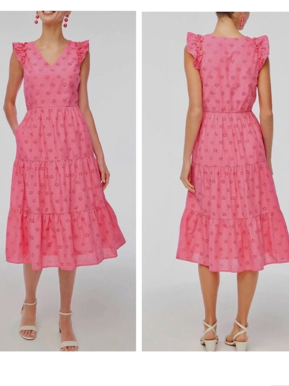 J. Crew Factory Eyelet Flutter Ruffle Sleeve Tiered Midi Dress Tropical Papaya
